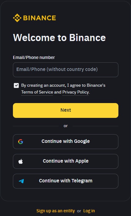 registration on binance with new account